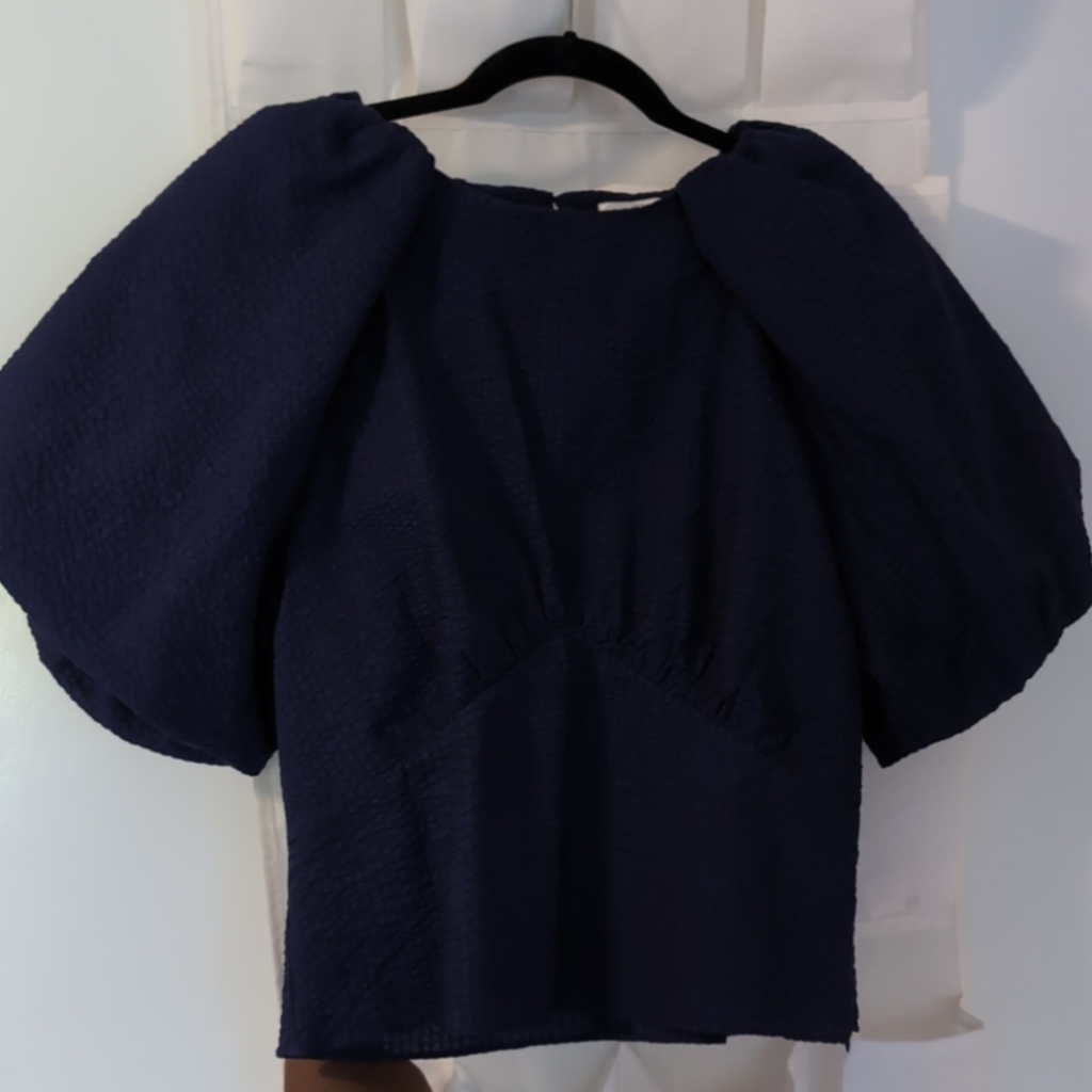 Pcill Navy Seersucker Balloon Sleeve Blouse Nwt